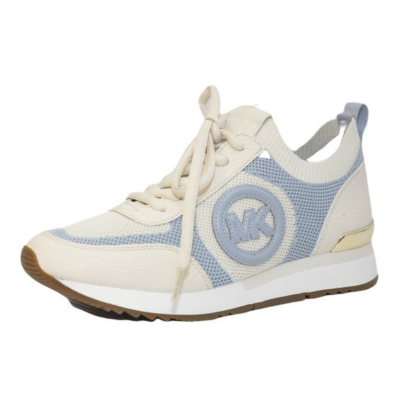 Michael Kors Jenkins Stretch Knit Trainer Sneaker MK Charm Bombe Patch Pale Blue - Picture 1 of 7